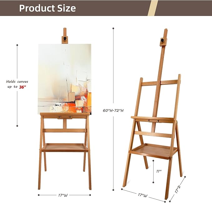 Solid Beech Wood Painting Easel with Storage Plate (60"~75" H), H-Frame Adjustable Art Wooden Easel Stand with Signature Plate for Adults, Students,Sturdy Canvas Holder up to 36''