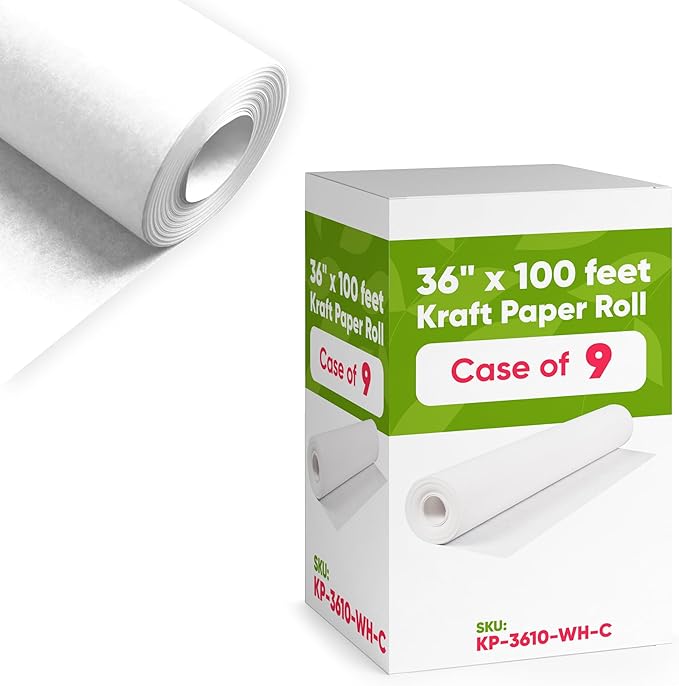 36" x 1200" (100 ft) White Kraft Paper (Case of 9 Rolls), 45 lbs Thickness, Kraft Paper for School, Arts, Gift Wrapping, Moving
