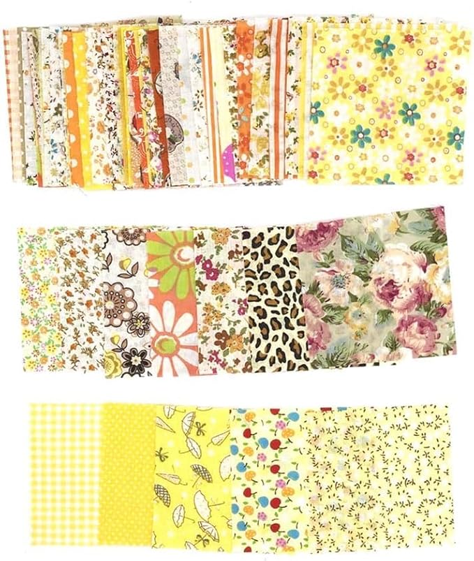 50Pcs 4" x 4" Cotton Craft Fabric Vintage Cotton Fabric Bundle Printed Floral Patchwork Plain Cloth Floral Precut Fabrics for DIY Art Sewing Quilting Scrapbooking (Yellow)