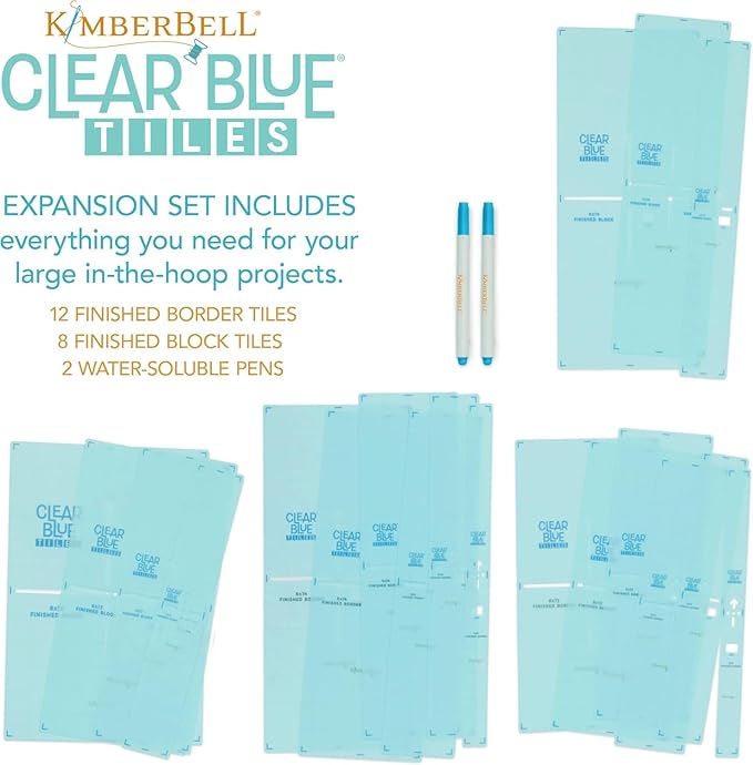 Kimberbell Clear Blue Tiles Expansion Set Bundle – Expansion Set 1 & 2 – 29-Piece Quilting System for Larger Hoops, Block-by-Block Custom Quilting on Your Embroidery Machine