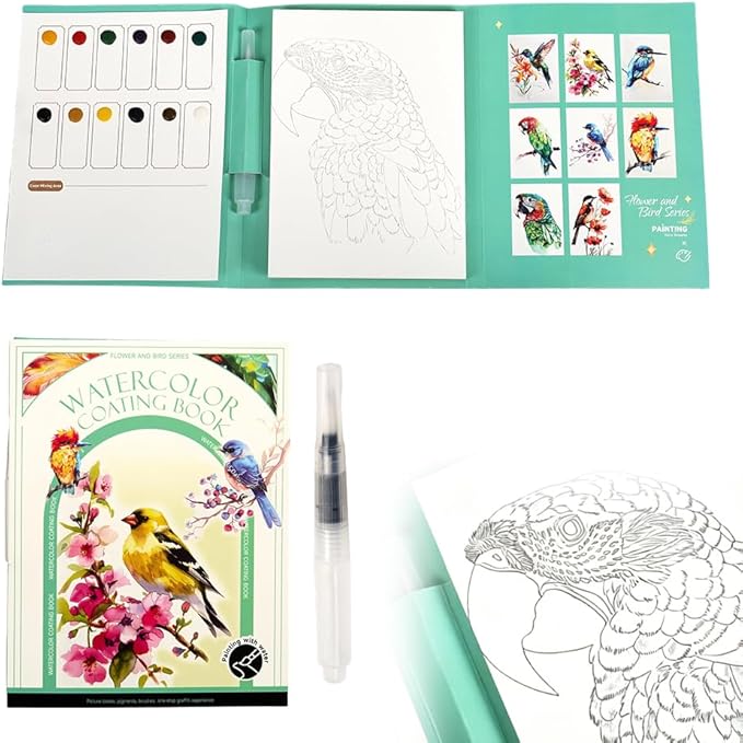Creative Stress Relief Kit, 3-Fold Watercolor Painting Pad with Coloring Pages, Relaxation Art Set for Beginners and Hobby Artists, Portable Aquarelle Painting Book (D Set)
