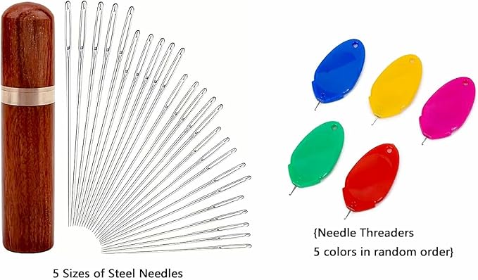 35PCS Large Eye Sewing Needles, Big Eye Steel Needle Set, Stainless Steel Needles for Hand Sewing, Stainless Steel Yarn Knitting Needle with Threader Thimble for Crafts, Repair Quilting