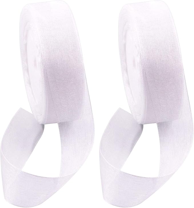 Swpeet 2 Rolls 50 Yards x 1 Inch White Shimmer Sheer Fabric Ribbons Organza Ribbon, Transparent Sheer Ribbon Chiffon Fabric Ribbons for Bouquets Wedding Birthday Decoration