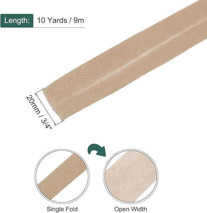 MECCANIXITY 3/4 Inch Single Fold Bias Tape Polyester Continuous Bulk Bias Tape for Sewing, Seaming Quilting Hemming Binding Crafts (Khaki 10 Yards)