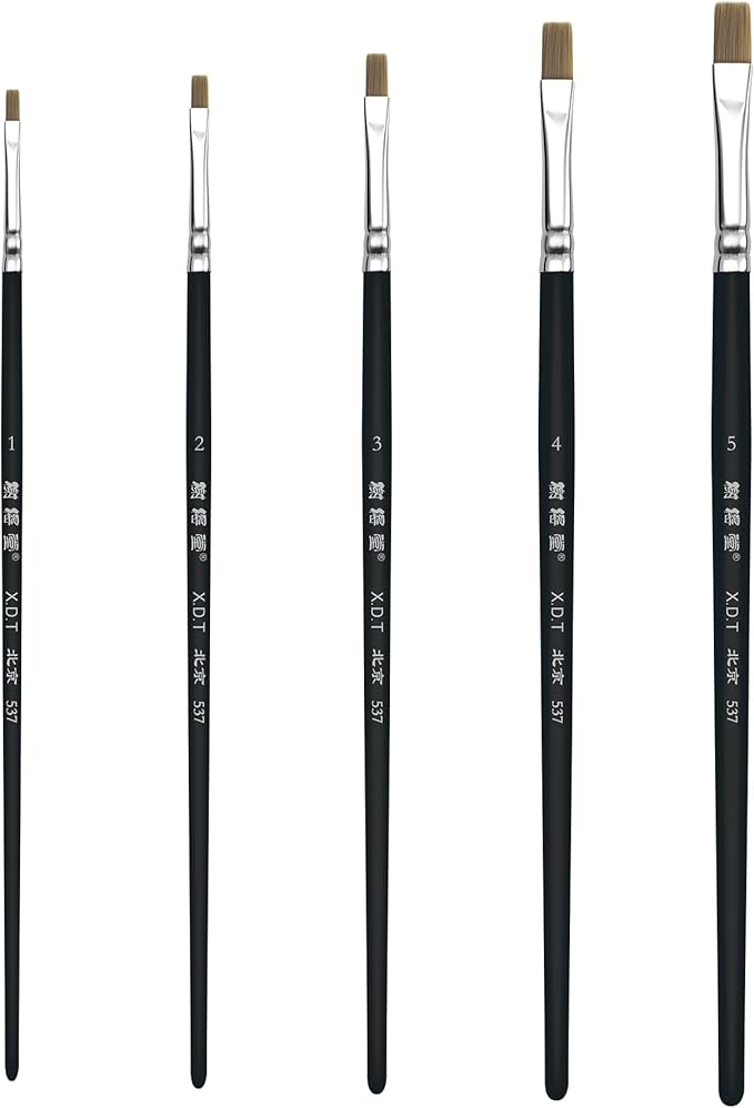 XDT#537 Flat Artist Paint Brush 5 Piece Set Medium Stiff Nylon Hair Extra Short Handle #1#2#3#4#5, Acrylic Oil Watercolor