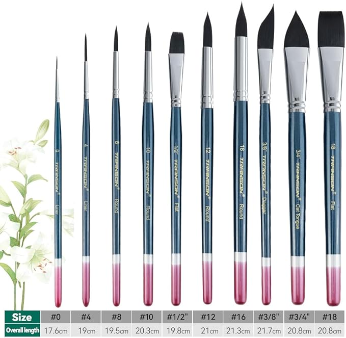 Transon 10pcs Natural Watercolor Paint Brush Set Professional for Watercolor Acrylic Ink Gouache Tempera Blue Color