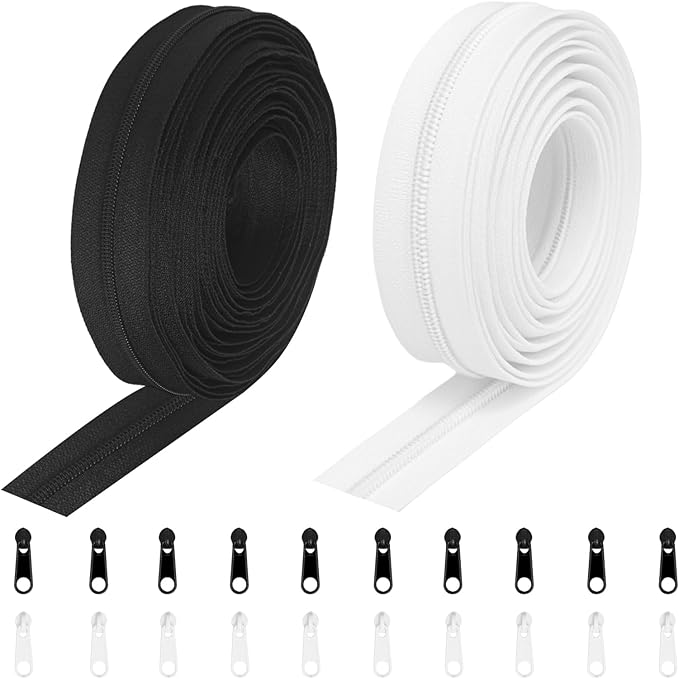 #3 Zippers Roll 360 inch 10 Yards Black and White Nylon Coil Zipper by The Yard, Bulk 20pcs Zipper Sliders for Replacement and Sewing,DIY Crafts, Wallets, Small Bags (5 Yards Each of #3)