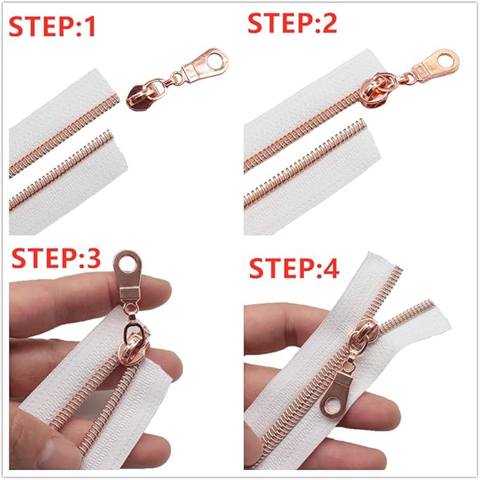 MebuZip #5 Rose Gold Metallic Nylon Coil Zippers by The Yard Bulk Coil Zipper Roll 10 Yards with 25pcs Pulls for DIY Sewing Craft Bags (White)