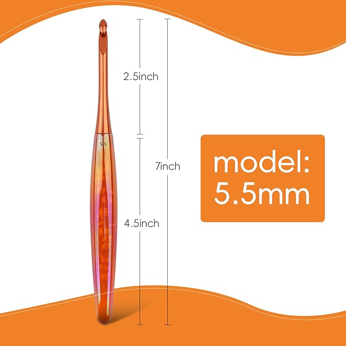 BsHooker 5.5mm Crochet Hook,Inline Crochet Hook with Ergonomic Acrylic Handle for Arthritic Hands,Extra Long Knitting Needles for Crocheting Yarn,Stainless Steal Polished Hook Head for Beginner