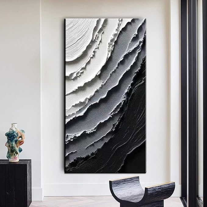 YaSheng Art -Handmade Modern Abstract Wall Art, Black and White Gradient Canvas Print, Large Vertical Wall Art for Living Room Bedroom Office Decor, 24x48inch Ready to Hang