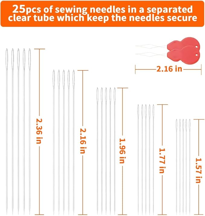 Stainless Steel Large Eye Hand Sewing Needles with Threader - Easy - Load for Seniors,Beginners, Crafts - Sharp for Quilting,Embroidery,Mending - 25 Pcs Set with Storage Case