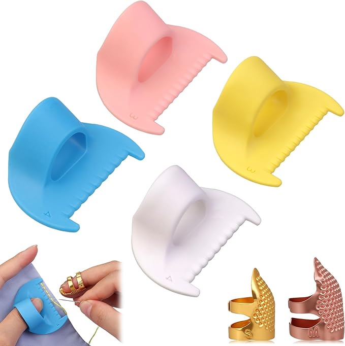 6Pcs Sewing Tool Kit-4Pcs Edge Stitch Lock & Sewing Gauge + 2Pcs Adjustable Thimble Finger Protector,Precision Measuring Tool & Needle Shield for Sewing, Quilting, DIY Crafts