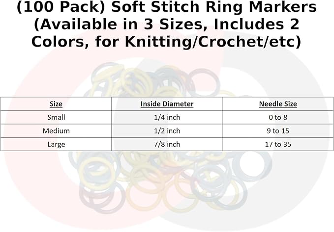 (100 Pack) Soft Stitch Ring Markers, Black & White (Small Size for Needle Sizes 0-8, for Knitting/Crochet/etc)