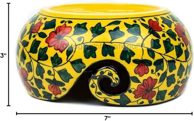 Nagina International Ceramic Attractively Hand Painted Gorgeous Stoneware Yarn Ball Storage Bowl With Innovative Dispensing Curl | Knitting & Crochet Accessions (Medium, Yellow Shrubs)