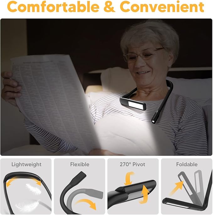 Neck Reading Light Book Lovers Gifts,Rechargeable Book Light for Reading at Night in Bed Reading Accessories, Crochet Accessories Knitting Gifts for Mom Christmas Stocking Stuffers for Men Women