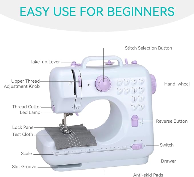 Mini Sewing Machine for Beginners, Portable Electric Sewing Machine with Dual Speed, 12 Built-in Stitches, Foot Pedal, and Accessories Kit for Home DIY Projects & Gift