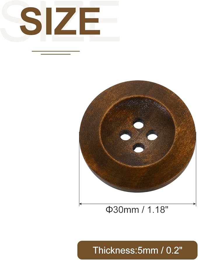 uxcell 100Pcs Wooden Buttons, 30mm(1 3/16") 4 Hole Round Wood Sewing Button Craft for Sewing DIY Craft Clothing, Coffee