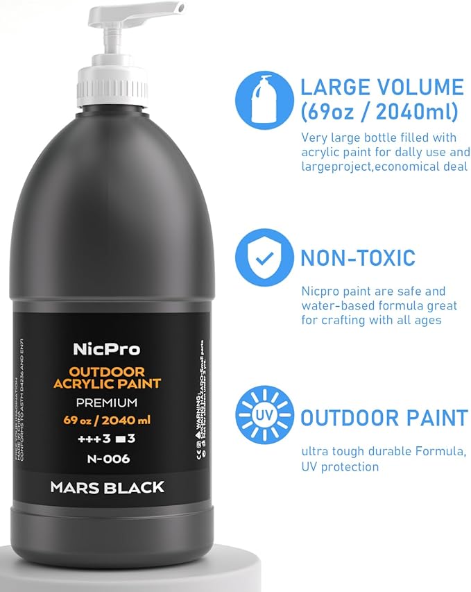 Nicpro Black Large Outdoor Acrylic Paint Set (69 oz, 2040 ml) Rich Art Painting Supplies Non Toxic Multi Surface Paint for Canvas, Wood, Leather, Fabric Stone Craft, Concrete, Wall, for Beginners, Artists & Adults with Pump