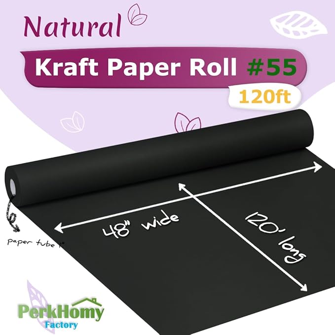 PerkHomy 48" x 1,440" (120') Black Kraft Paper Roll for Craft Bulletin Board Paper Art Table Covering Crafting Gift Wrapping Bouquet Packing Parcel 80GSM 55LB (Black, 48" x 120')