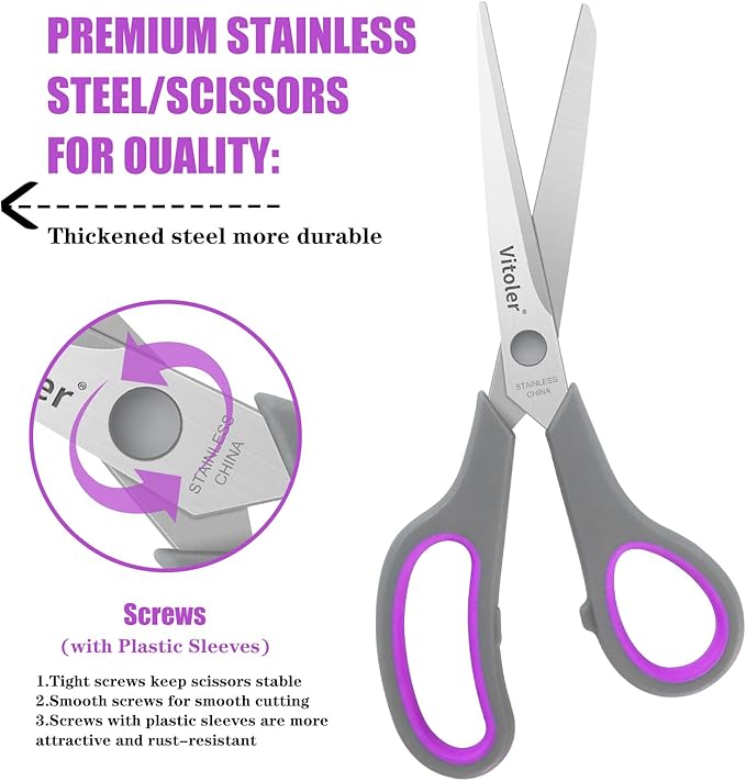 Vitoler Scissors 8.5" Heavy Duty scissors all purpose Bulk Set of 3, Scissors for Office Home School Craft Supplies, Soft Comfort-Grip Right/Left Hand