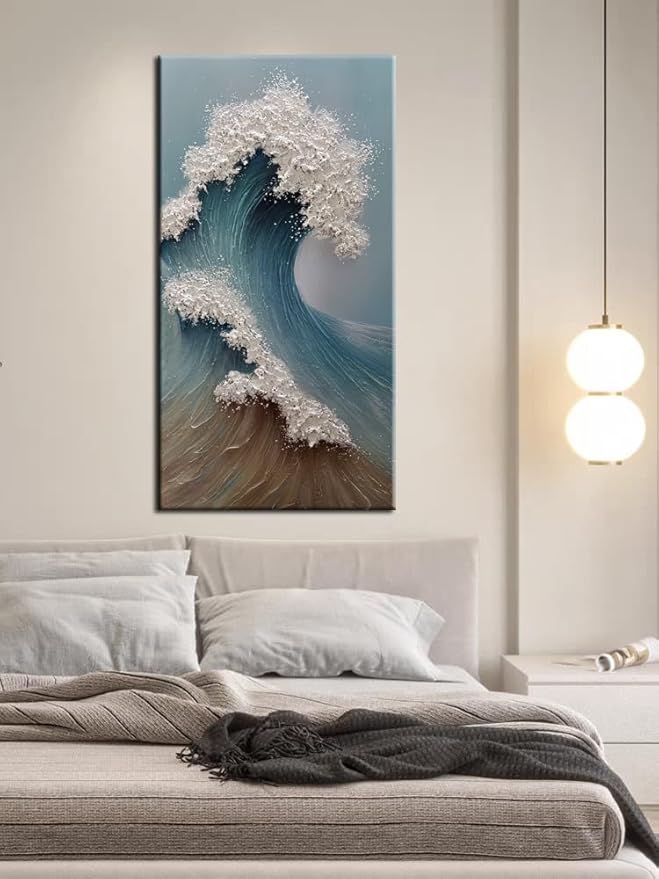 YaSheng Art 3D Ocean Wave Canvas Wall Art, Hand-Painted Textured Seascape, 24 x 48 inches