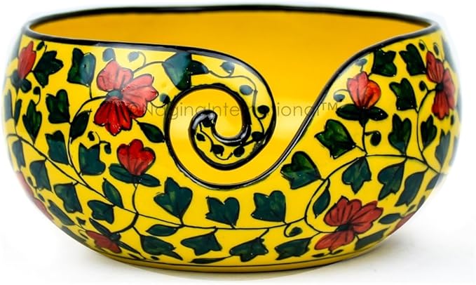 Nagina International Ceramic Attractively Hand Painted Gorgeous Stoneware Yarn Ball Storage Bowl With Innovative Dispensing Curl | Knitting & Crochet Accessions (Small, Yellow Shrubs)