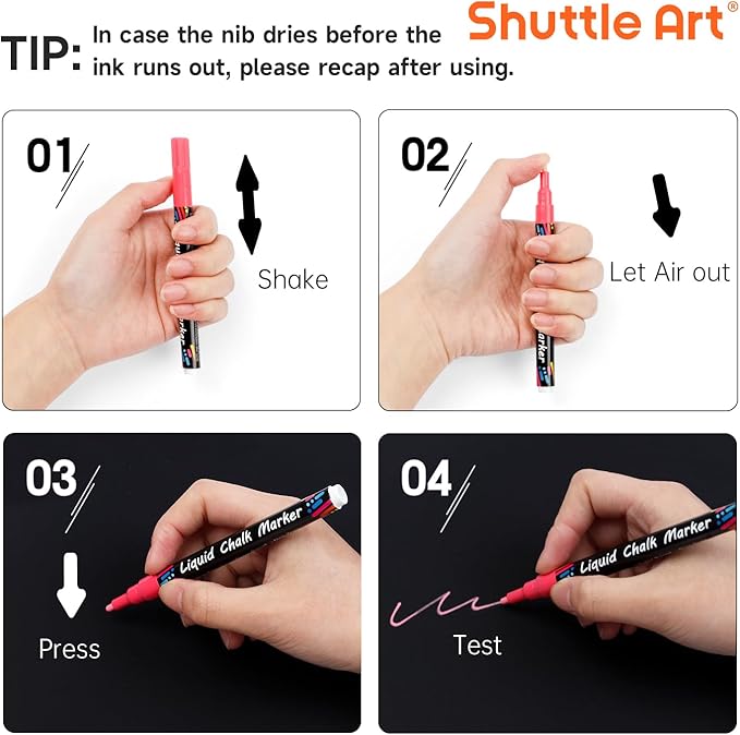 Shuttle Art Chalk Markers, 24 Vibrant Colors Liquid Chalk Markers Pens for Chalkboards, Windows, Glass, Cars, Erasable, 3mm Reversible Fine Tip with Chalkboard Labels for Office Home Supplies