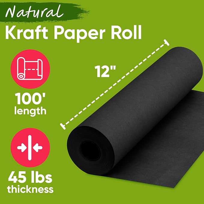 12" x 1200" USA-Made Black Kraft Paper Roll, 45 lbs Thickness, American Quality Colored Craft Paper for School, Bulletin Board - Odorless, Non-Toxic, Safe for Kids