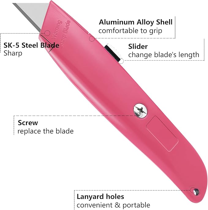 DIYSELF 2Pack Utility Knife Box Cutter Retractable Blade Heavy Duty, Box Cutters for Boxes and Cartons, Aluminum Shell Box Knife, Box Opener, PVC Pipe Cutter (Pink)
