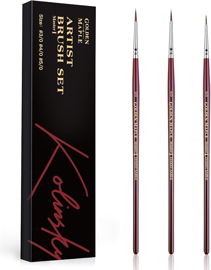 Kolinsky Sable Miniature Paint Brushes - Golden Maple Professional Ultra Fine Point Brush for Miniature, Model Painting & Watercolor Details - Size 3/0 4/0 5/0