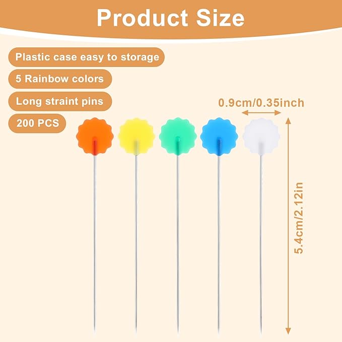 Ouligay 200 PCS Flat Head Sewing Pins Straight Pins with Colored Flower Heads Quilting Pins with Storage Box for Sewing Supplies Fabric Dressmaker DIY Craft and Jewelry Decoration