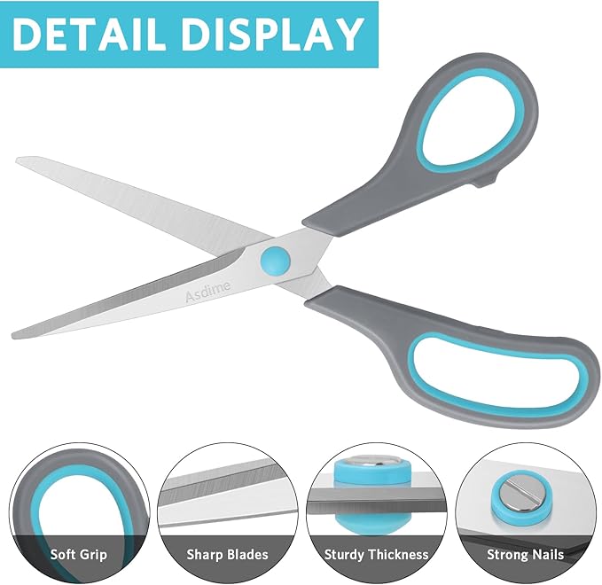 8.5" Scissors, Stainless Steel Blades, Soft Grip Handle, Suitable for Households,Offices and Schools, All Purpose, Blue/Grey