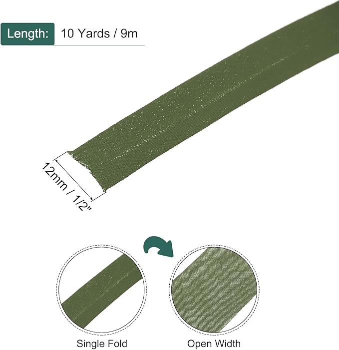 MECCANIXITY 1/2 Inch Single Fold Bias Tape Polyester Continuous Bulk Bias Tape for Sewing,Seaming Quilting Hemming Binding Crafts (Dark Green 10 Yards)