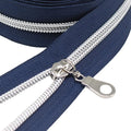 MebuZip #5 Silver Metallic Nylon Coil Zippers by The Yard Bulk Coil Zipper Roll 10 Yards with 25pcs Pulls for DIY Sewing Craft Bags (Navy Blue)