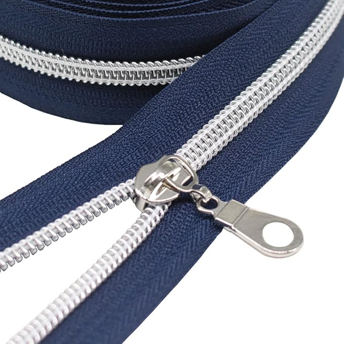 MebuZip #5 Silver Metallic Nylon Coil Zippers by The Yard Bulk Coil Zipper Roll 10 Yards with 25pcs Pulls for DIY Sewing Craft Bags (Navy Blue)