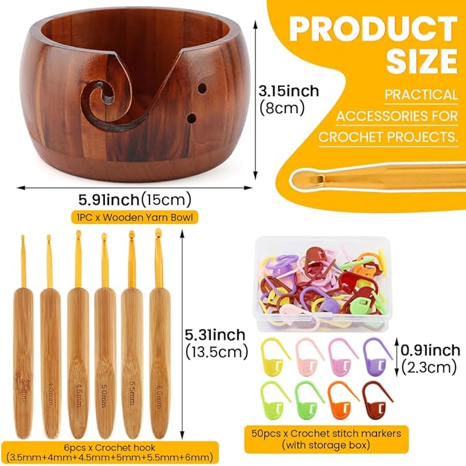 Yarn Bowl Holder, Wooden Knitting Bowl with 6pcs Crochet Hooks, 50pcs Crochet Stitch Markers, Large Yarn Holder Dispenser for Mom & Knitting Lovers