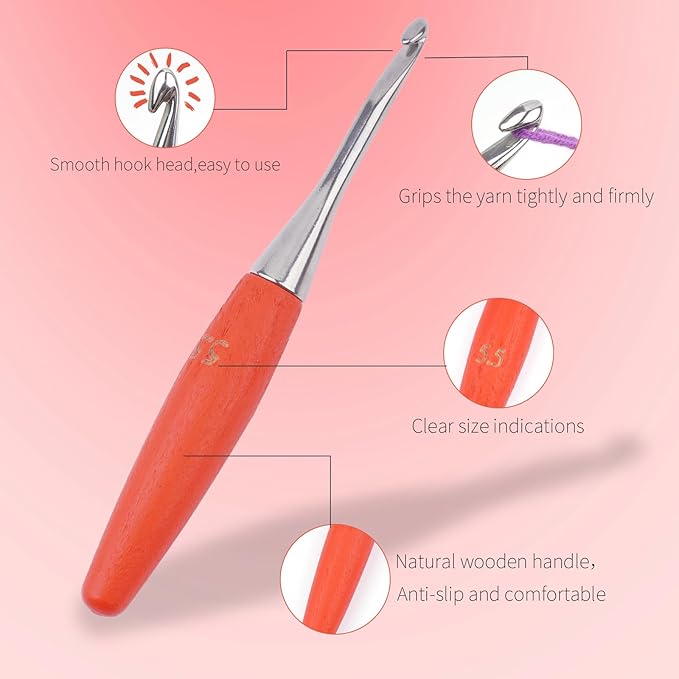 Crochet Hooks 5.5mm Crochet Hook Soft Lightweight Wood Ergonomic Handle and Stainless Steel Crochet Needles Tip (5.5 mm-I)