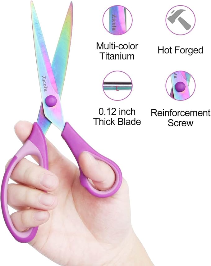 8.5" Scissors All Purpose, Multipurpose Office Scissors Set of 3 Pack, Titanium Coating Sharp Blade, Soft Comfort-Grip, Ideal for Fabric, School, Home, Craft & Sewing, Right/Left Handed, Purple