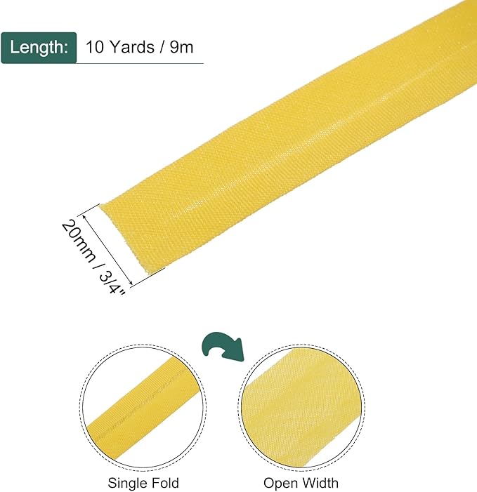 MECCANIXITY 3/4 Inch Single Fold Bias Tape Polyester Continuous Bulk Bias Tape for Sewing, Seaming Quilting Hemming Binding Crafts (Yellow 10 Yards)