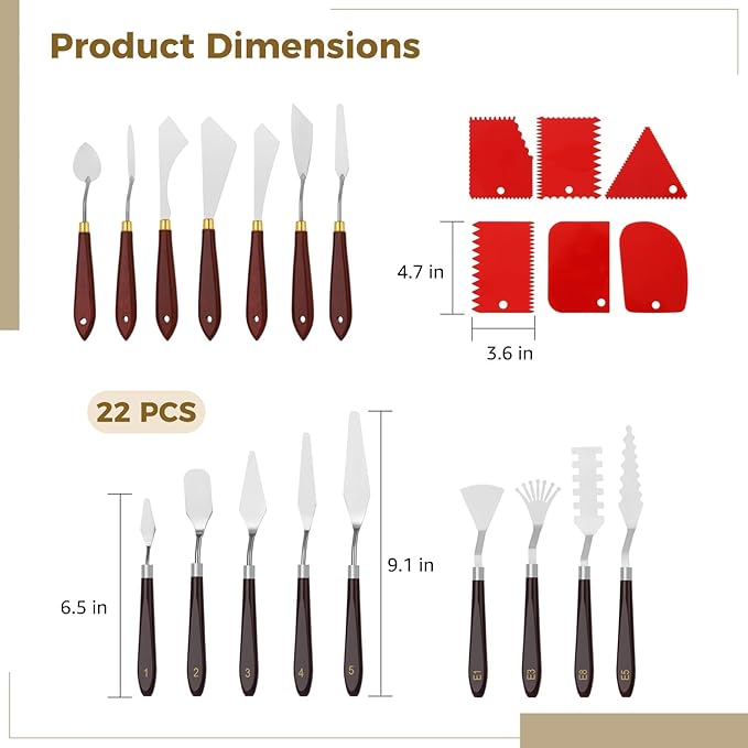 22 PCS Palette Spatula Set, Stainless Steel Palette Tools and Plastic Scrapers, Painting Pallet Spatulas with Wooden Handle for Oil Painting, Acrylic Color Mixing Texturing