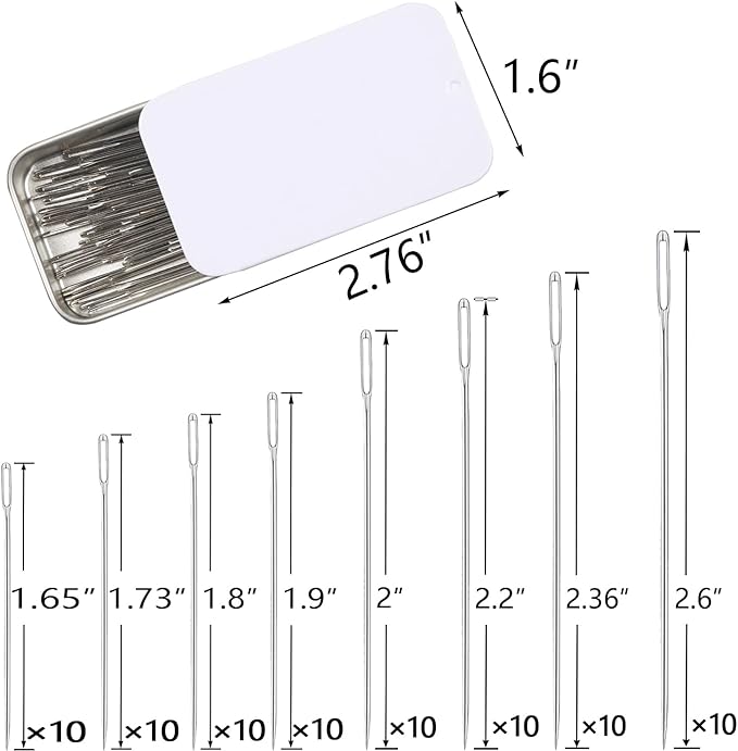 40/80PCS Large Eye Sewing Needles - 8 Sizes, Embroidery, Leather & Yarn Needles with Threaders & Stitch Markers (White 80pcs)