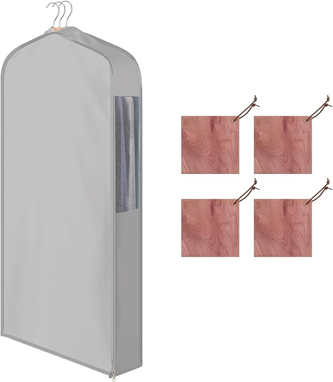40" Short Cotton Garment Bag for Hanging and Storage Clothes with 4 Cedar Blocks for Fresh Smell, Breathable Hanging Bags for Closet Storage Fur Coat Suit Sweater Jackets, 6'' Wide, Gray