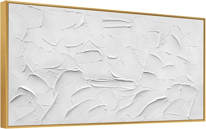 Large Size Hand-Painted Oil Painting on Canvas Gold Frame White Textured Wall Art Abstract Minimalist 3d Artwork Neutral Wall Picture Home Decor for Living Room Bedroom Office Ready to Hang 60x40inch