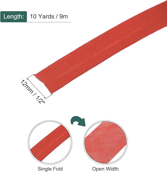 MECCANIXITY 1/2 Inch Single Fold Bias Tape Polyester Continuous Bulk Bias Tape for Sewing,Seaming Quilting Hemming Binding Crafts (Red 10 Yards)