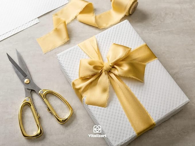 Vitalizart Gold Ribbon Silk Satin 1-1/2 inch x 15 Yard Metallic Handmade Frayed Ribbons for Gift Wrapping Baby Shower Wedding Bridal Bouquets Holiday Decor