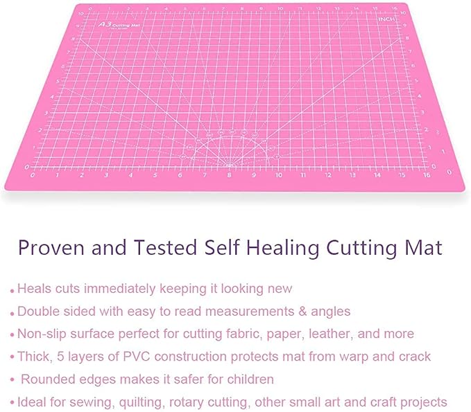 Headley Tools 18"x12" Thickened Self Healing Cutting Mat, A3 Rotary Cutting Sewing Mat for Crafts, Double Sided 5-Ply Table Cutting Board for Fabric Quilting Art Hobby Project, Pink/Purple