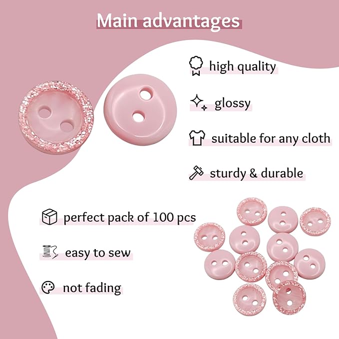 100 Pack Pink Sewing Buttons 0.35 inch 14L Glitter Round Polished 2 Hole Buttons Glossy Plastic 9mm Ideal for Sewing Blouse Skirt School Outfits Aprons Pants Jackets Accessories Bags DIY Crafts
