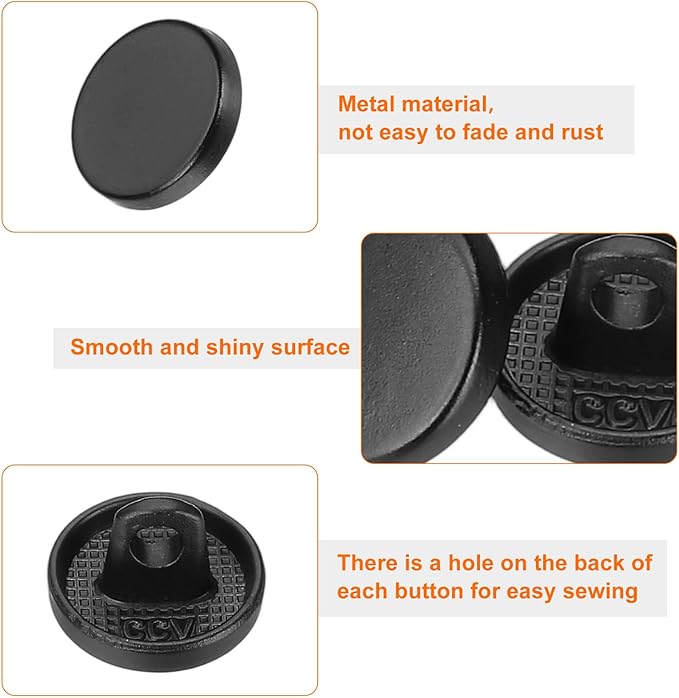 HARFINGTON 50pcs 16L Metal Round Flat Sewing Buttons 10mm Alloy Shank Craft Replacement Button for Men Women Suit Woolen Coat Shirt Trousers Sewing Crafts, Matt Black