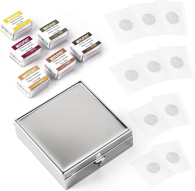 Mini Portable Handmade Artist Watercolor Paint Travel Metallic Box Set with 6 Earth Tone Solid Watercolor Half Pans (Each Capacity Approx 1.5ml) Pearlescent.Earth Tone