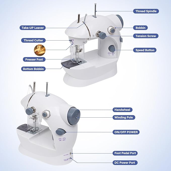 Sewing Machine for Beginners with Expansion Table Foot Pedal 42Pcs Sewing kit Finger Guard & Light Mini Small Portable Sewing Machines 2-Thread 2-Speed 2-Switches for Kids Ages 8-12 White and Grey
